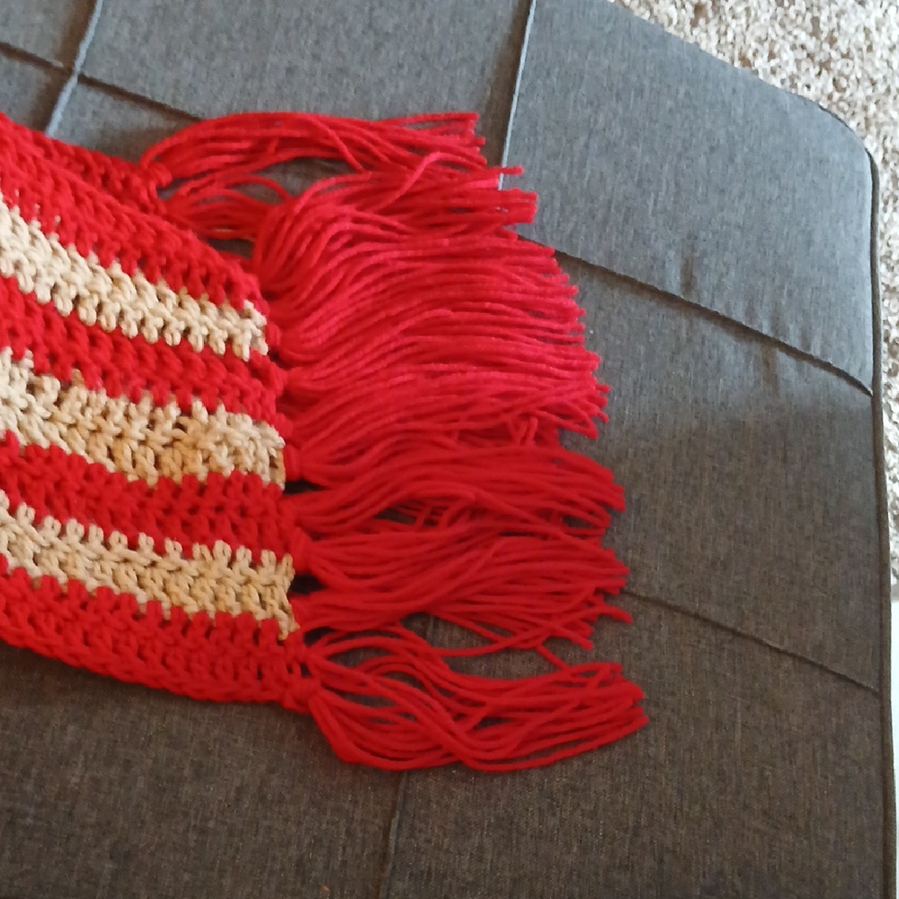 Red and Cream Knitted Scarf with Fringe